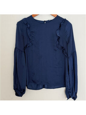 Lush Deep Blue Long Sleeve Blouse with‎ Ruffles Size XS